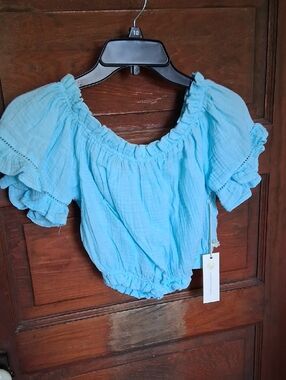 Ocean Drive Light Blue Ruffle Off-Shoulder Crop Top